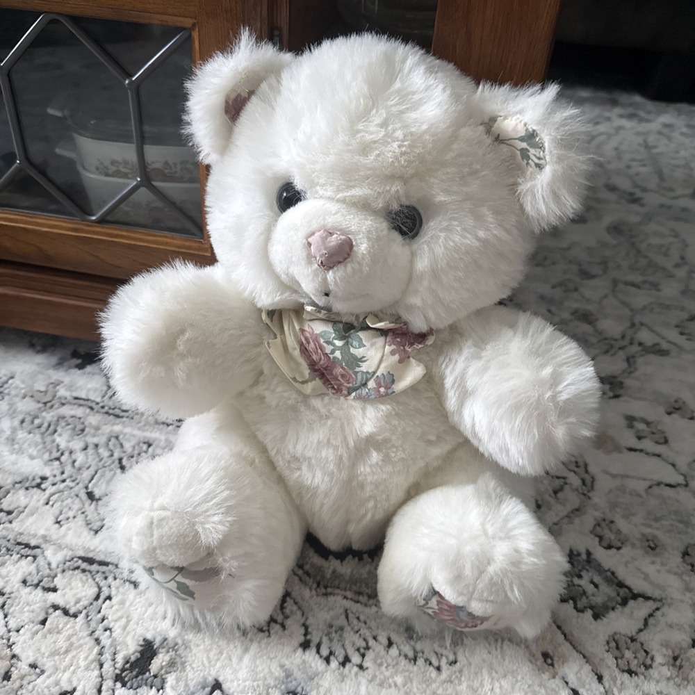 VINTAGE BEAR Cottage Core Whimsical Floral White Furry Squishy -1990s